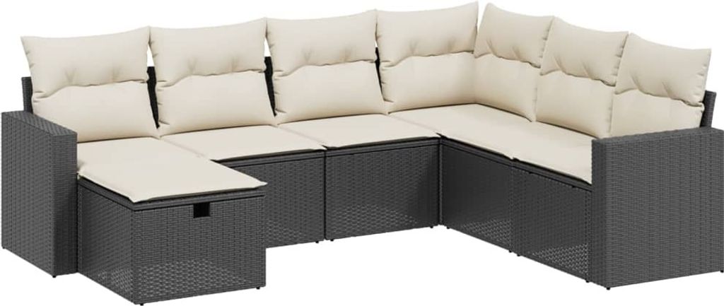 vidaXL 7-tlg. Garten-Sofagarnitur mit Kissen Schwarz Poly Rattan