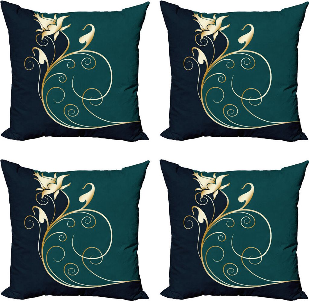 ABAKUHAUS Blumen Kissenbezug Set (4 Stück), Gewirbelte Blütenblätter, Moderner Doppelseitiger Digitaldruck, 60 cm x 60 cm, Petrol Blau Dunkelblau