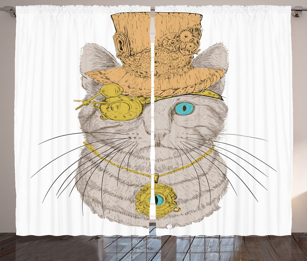 ABAKUHAUS Katze Rustikaler Vorhang, Steampunk Katze Vintage Portrait, Wohnzimmer Universalband Gardinen mit Schlaufen und Haken, 280 x 225 cm, Oran...