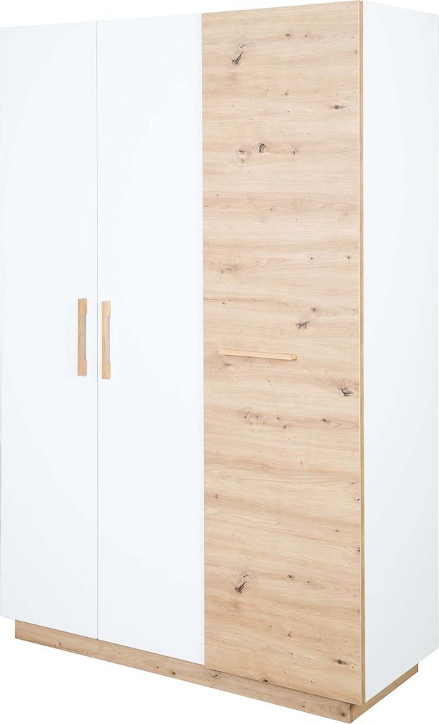 A white and wood-grain wardrobe with two doors on the left and one on the right.