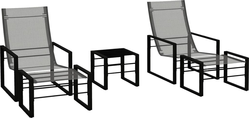 Outsunny 5-teiliges Gartenbistro-Set, Lounge-Set für 2 Personen mit 1 Tisch, 2 Sesseln und 2 Fußhockern, schwarzem Stahlgestell, grauen, atmungsa...