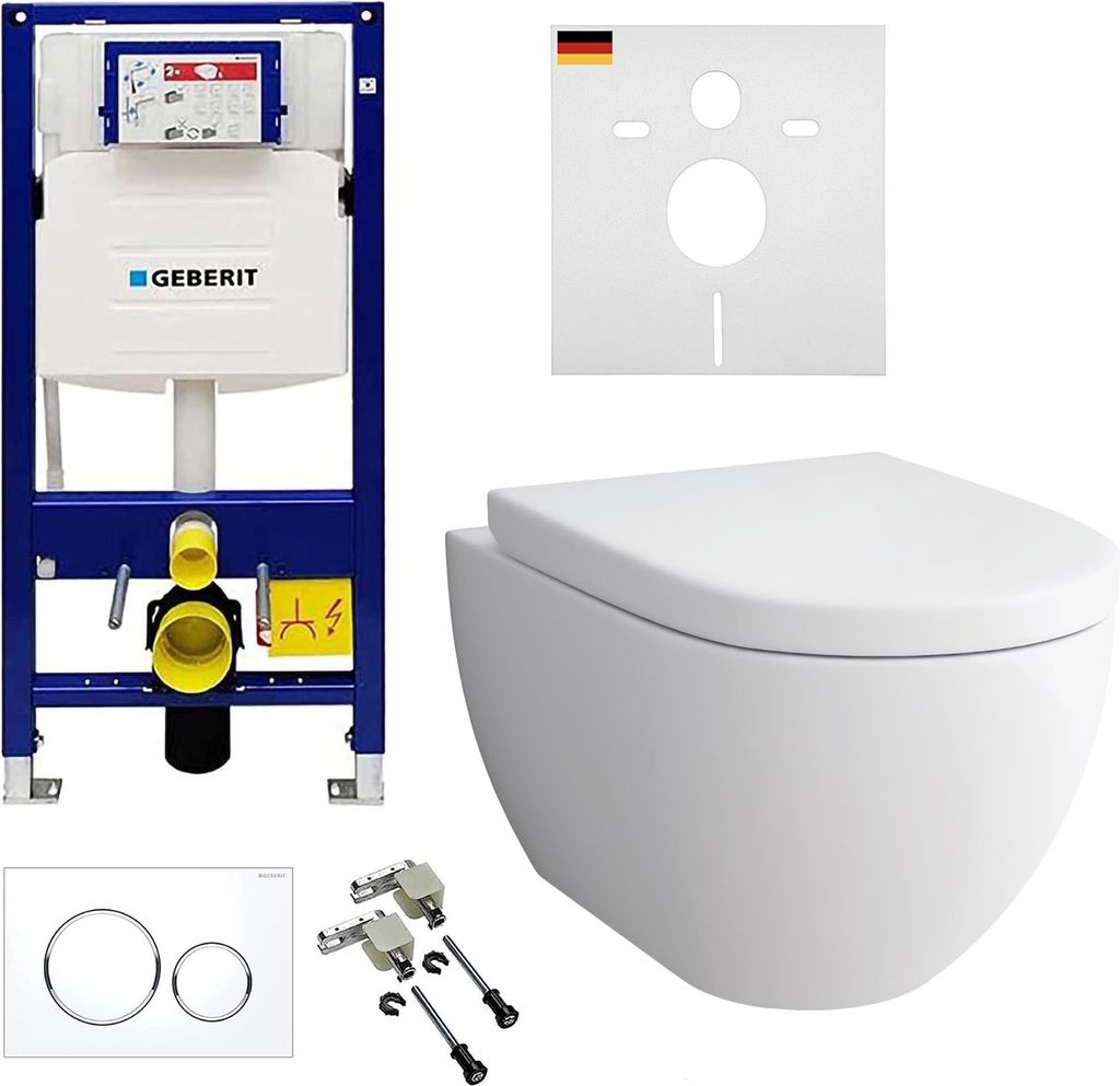 Alpenberger Hänge WC Komplettset | Wand WC Spülrandlos mit WC Sitz mit Absenkautomatik | Dusch WC mit Geberit WC Spülkasten Bausatz Betätigungs...