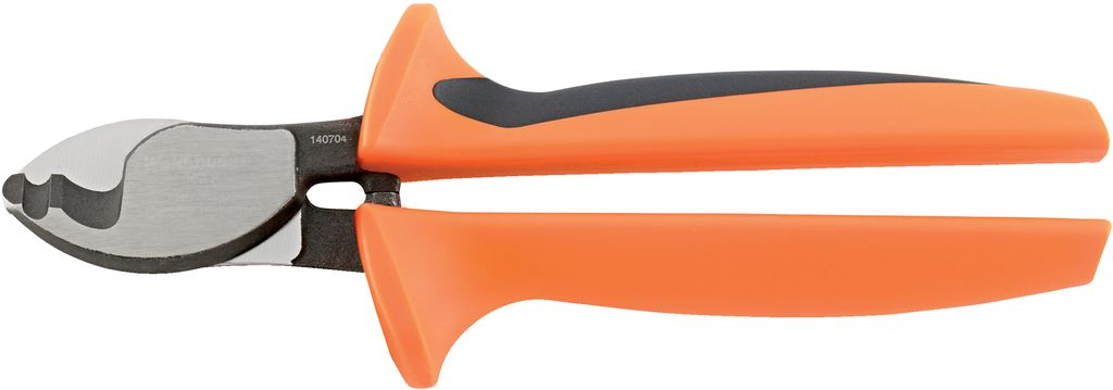 A pair of orange and gray wire cutters on a white background.