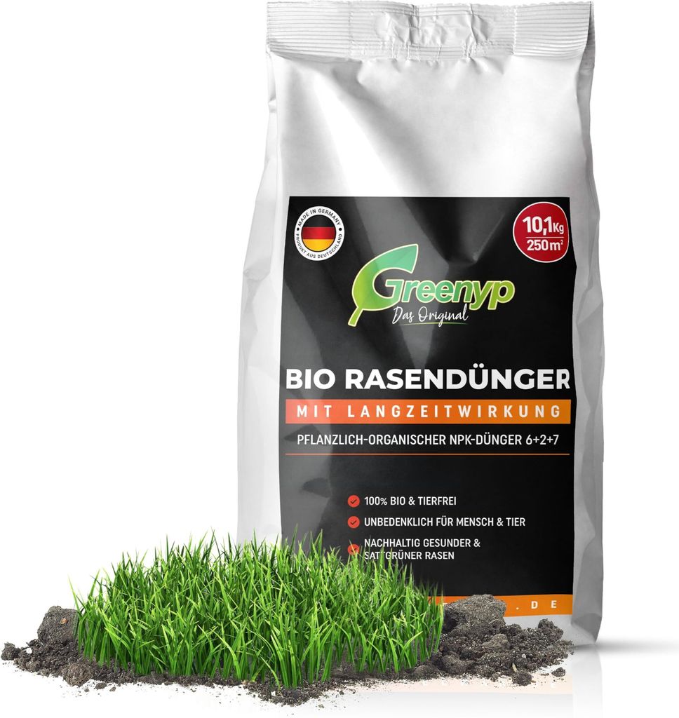 Greenyp Rasendünger I 30,3kg für 750m² I Pflanzlich Organischer Rasendünger mit 3 Monate Langzeitwirkung I staubarm, tierfreundlich und Vegan