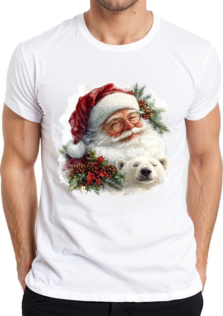 Weihnachtsmann Eisbär Tannenzapfen Stechpalme Weihnachten Vintage Herren T-Shirt, Weiß, S
