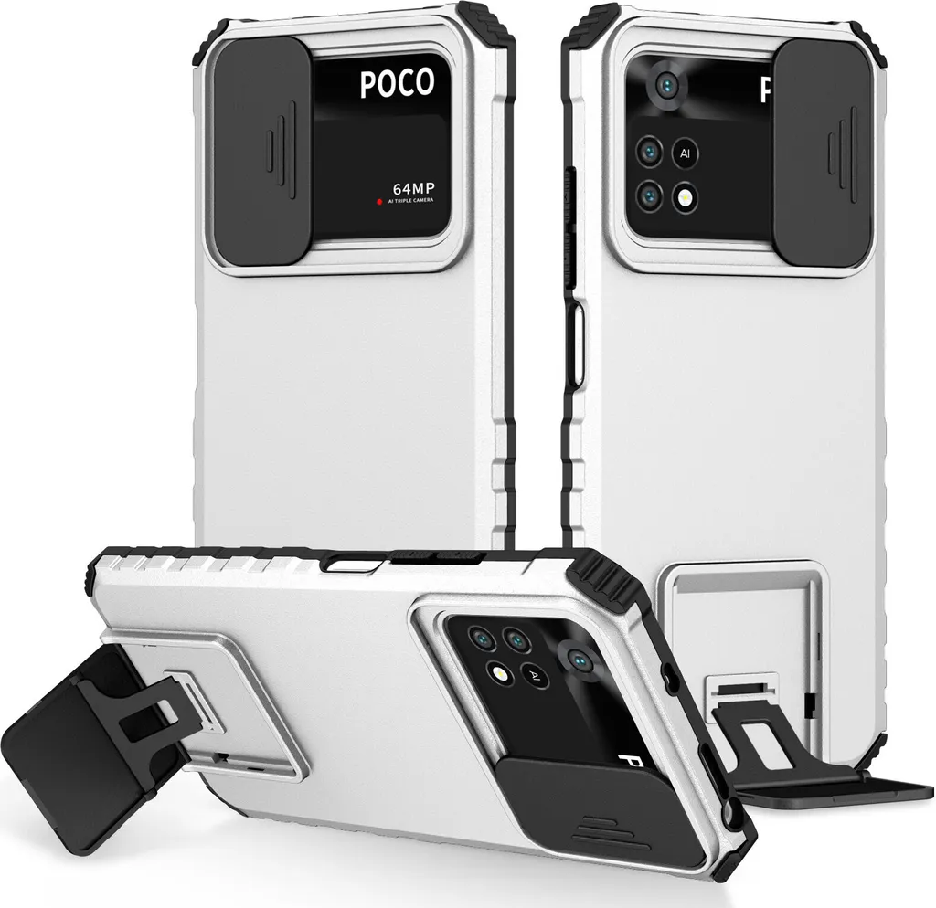 Custodia per Xiaomi Poco M4 Pro 4G a doppio strato robusto, protezione militare con kickstand e protezione fotocamera scorrevole Bianco