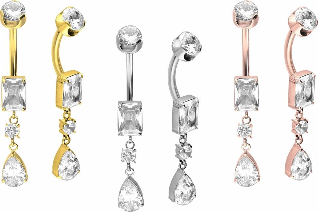 Bauchnabelpiercing Titan Bananabell mit Innengewinde KRISTALLRECHTECK + KRISTALLTROPFEN