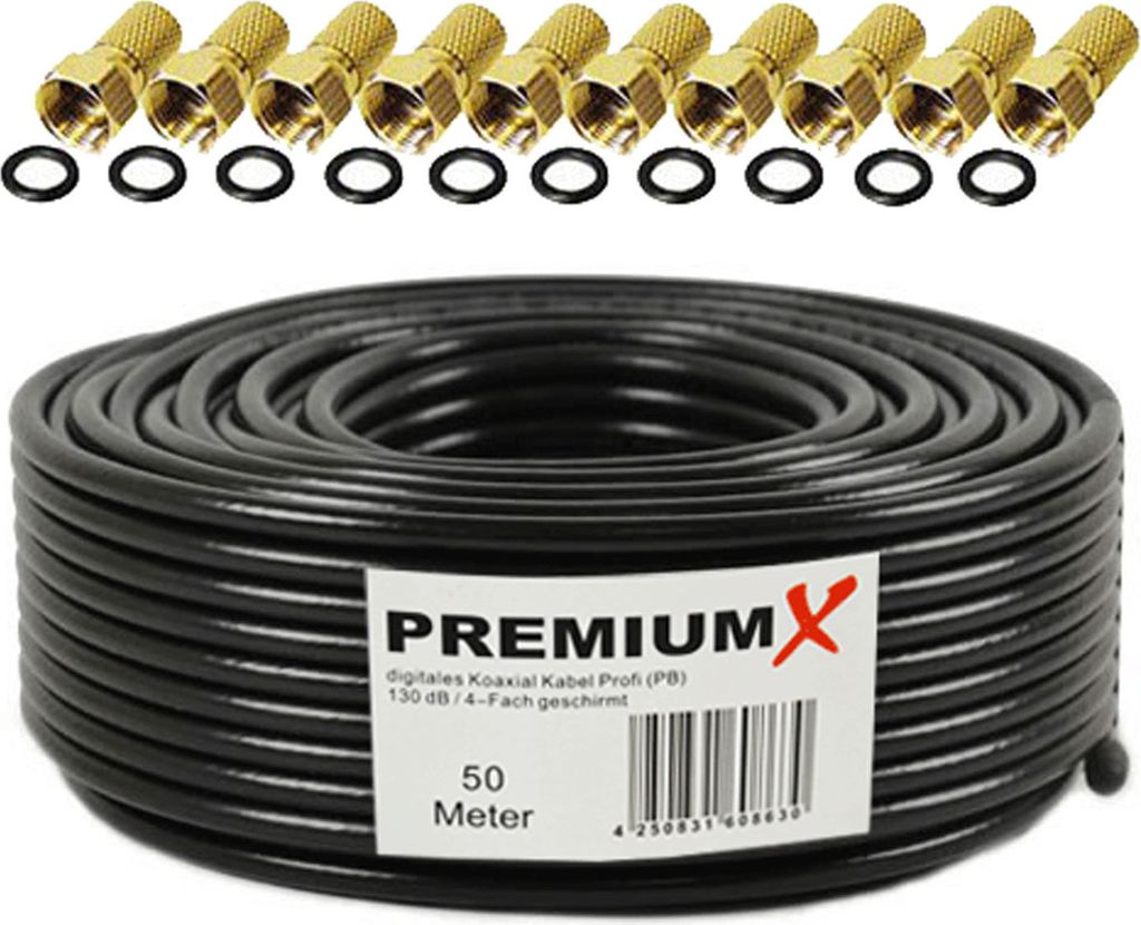 PremiumX 50m PROFI Koaxialkabel Schwarz 135dB 4-fach KUPFER 10x F-Stecker