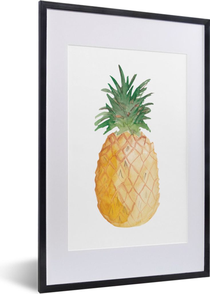 MuchoWow Gerahmtes Poster Ananas - Aquarell - Weiß 40x60 cm - Poster mit Schwarzem Bilderrahmen Wandposter Rahmen Foto Bilder - Poster in Rahmen