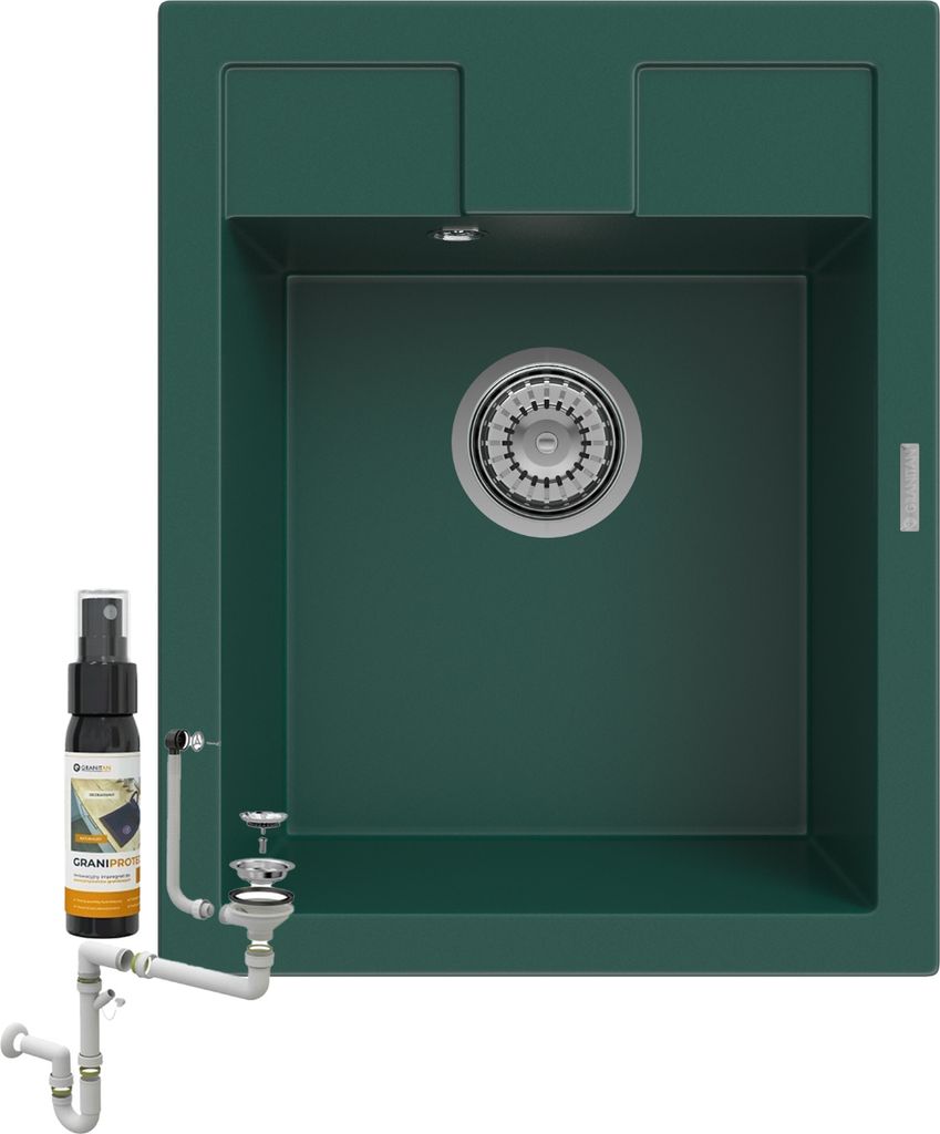 Granitan | GranitSpüle - Spülbecken 1-Kammer - 50x40 cm - Grün - mit Chrom Siphon - fur Unterschränke ab 45 cm - BEST