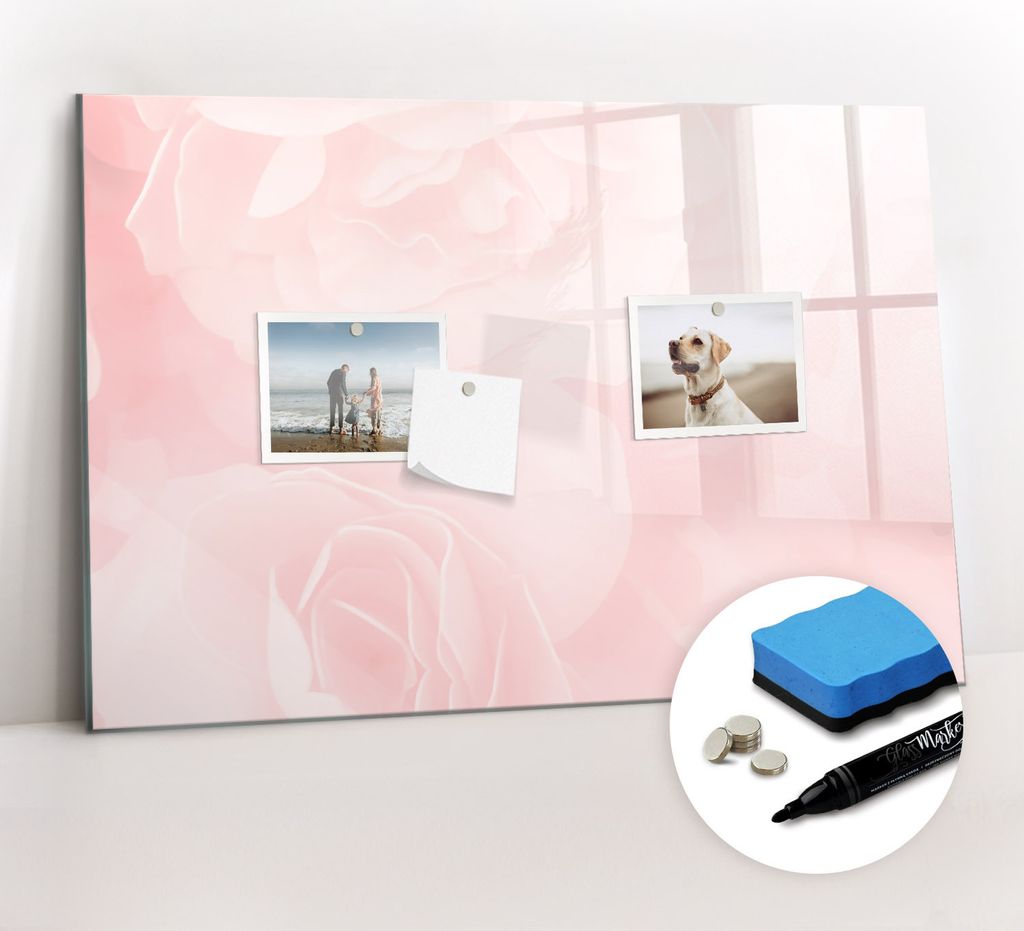 Magnetpinnwand Memoboard - Zubehörsatz - Schwarzer Marker + Schwamm + Magnete - 60 x 40 cm - Blühende Rosen
