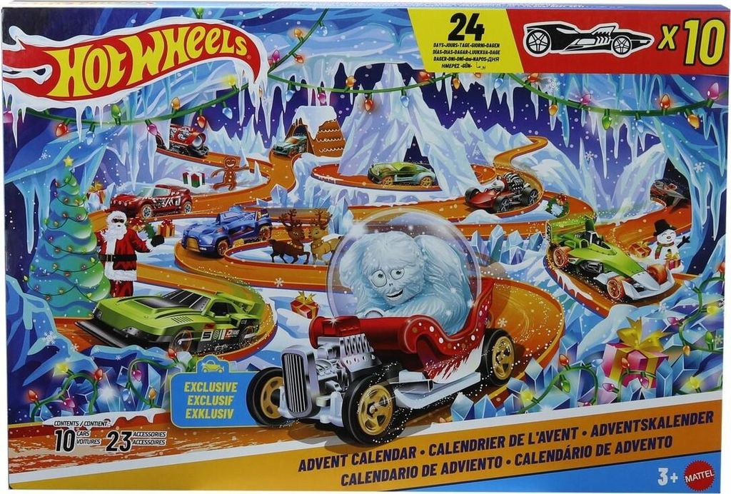 Hot Wheels Adventskalender 2026, 10 Spielzeugfahrzeuge im Produktbild 