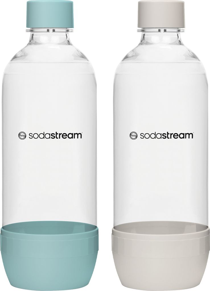 Two SodaStream bottles, one with a blue base and cap, the other with a beige base and cap, are shown against a white background.