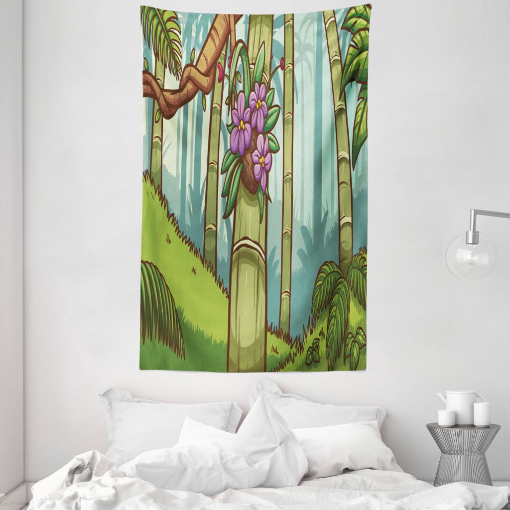 ABAKUHAUS Orchideen Wandteppich und Tagesdecke, Bunte Dschungel-Cartoon aus Weiches Mikrofaser Stoff Waschbar ohne Verblassen Digitaldruck, 140 x 2...