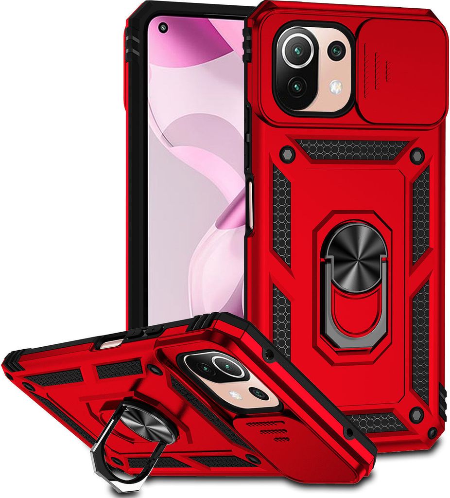 Redmi 10 Hülle mit Schiebe Kamera Schutz und Ringhalter Ständer Robust Rüstung Schutzhülle für Xiaomi Mi 11 Lite 5G Rot