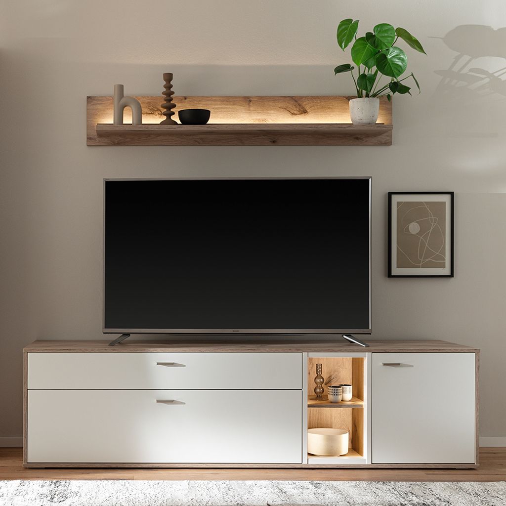 Wohnwand in Eiche und weiß modern mit LED-Beleuchtung, 2-teilig - SAGUNTO-05