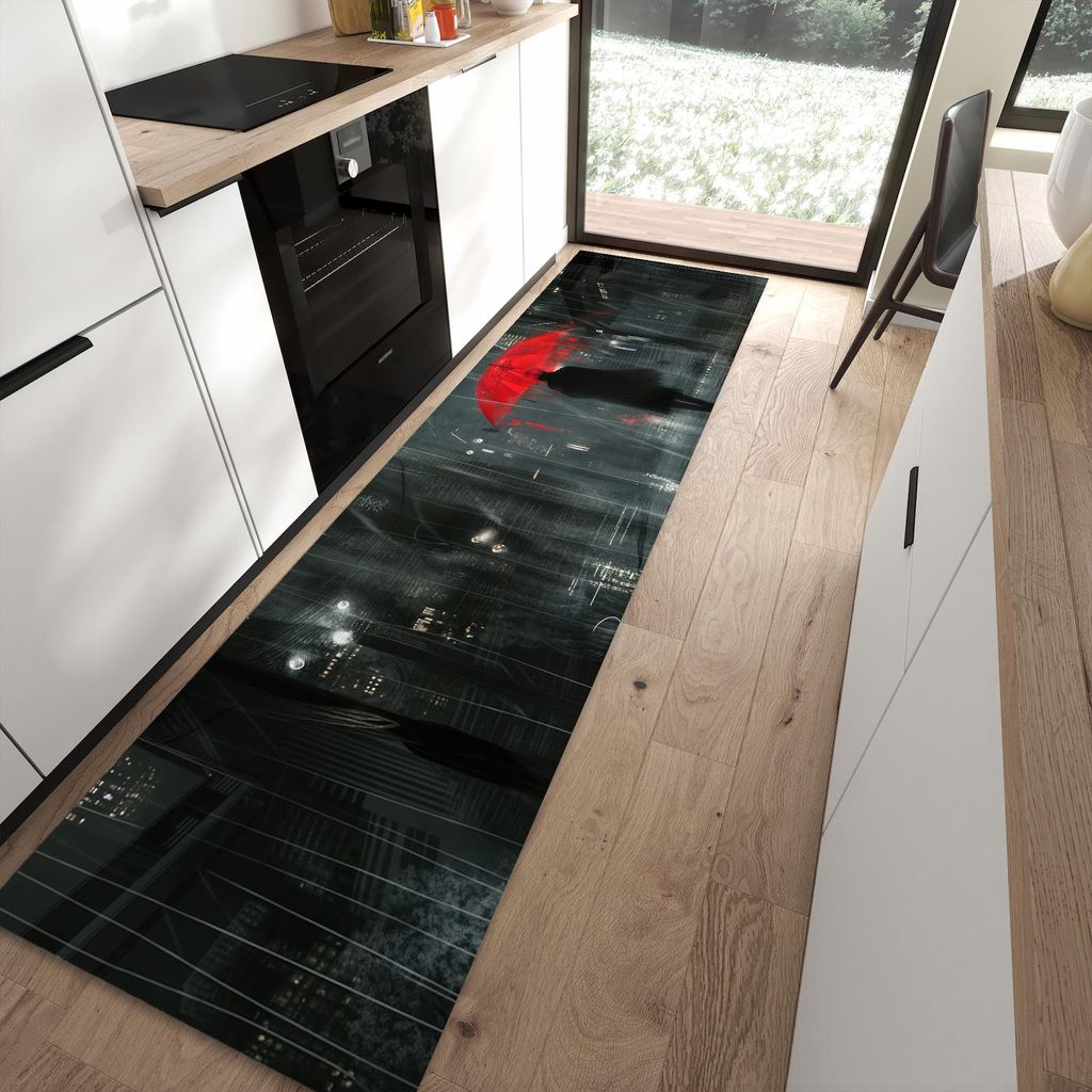 Küchenteppich 80x300cm rutschfest & abwischbar PVC Läufer - Regenroter Schirm