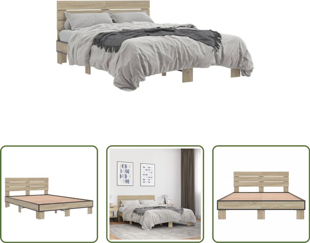 The Living Store Bettgestell Sonoma-Eiche 120x200 cm Holzwerkstoff und Metall