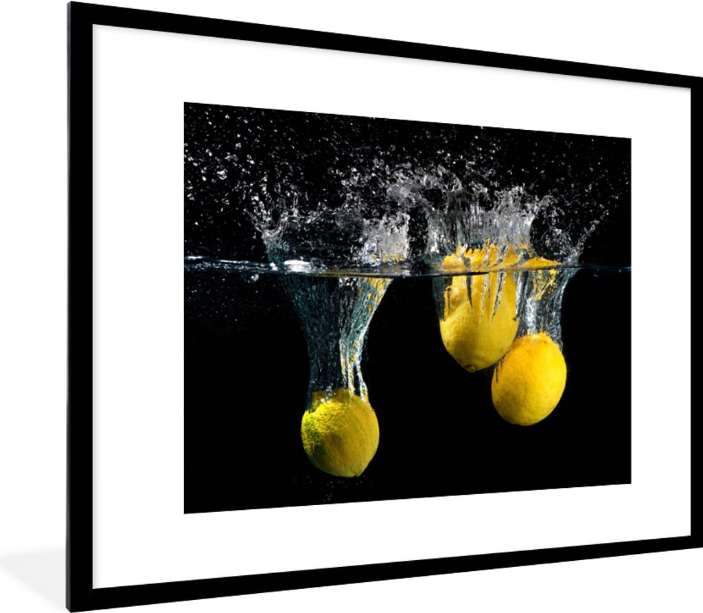 MuchoWow Gerahmtes Poster Zitrone - Frucht - Stilleben - Wasser - Gelb 80x60 cm - Poster mit Schwarzem Bilderrahmen Wandposter Rahmen Foto Bilder...