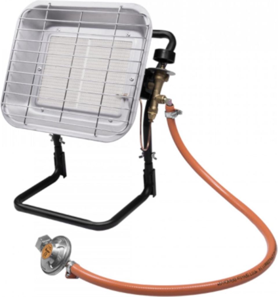 A portable gas heater with a propane tank regulator and hose, shown against a white background.