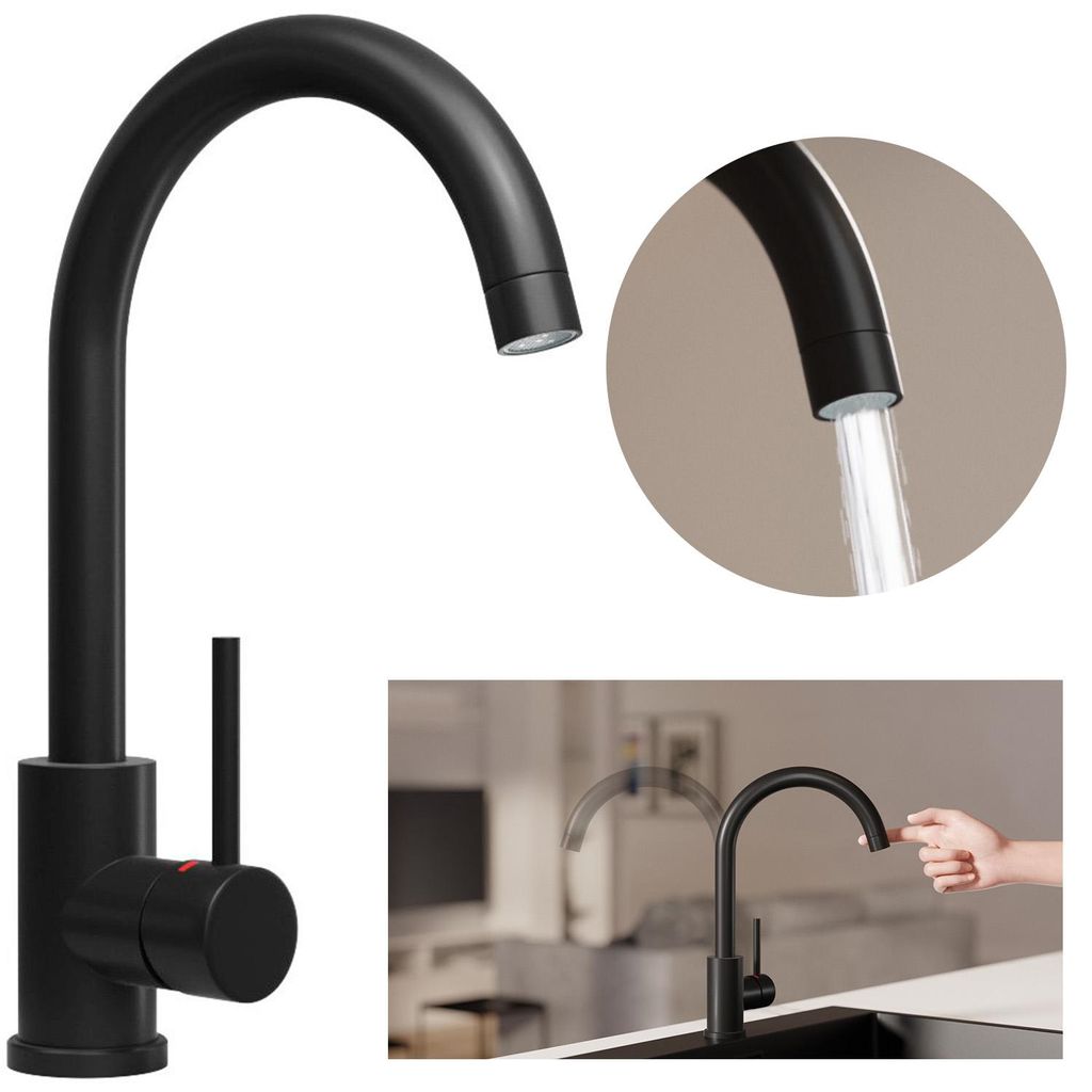 A collage of images showing a black kitchen faucet from different angles, including a close-up of water flowing and a hand interacting with it.