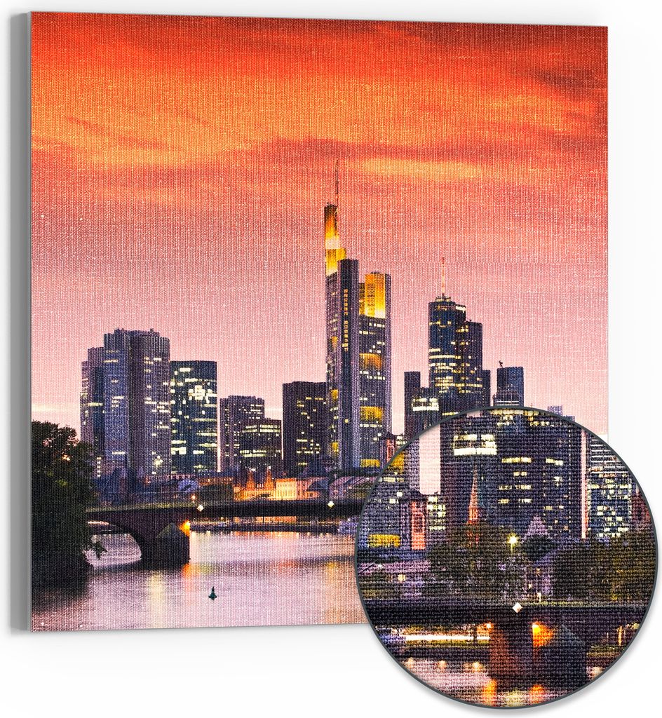 DEQORI Hybrid Leinwand Bild 30x30 cm 'Frankfurt im Abendglanz' Wandbild Glas flach modern