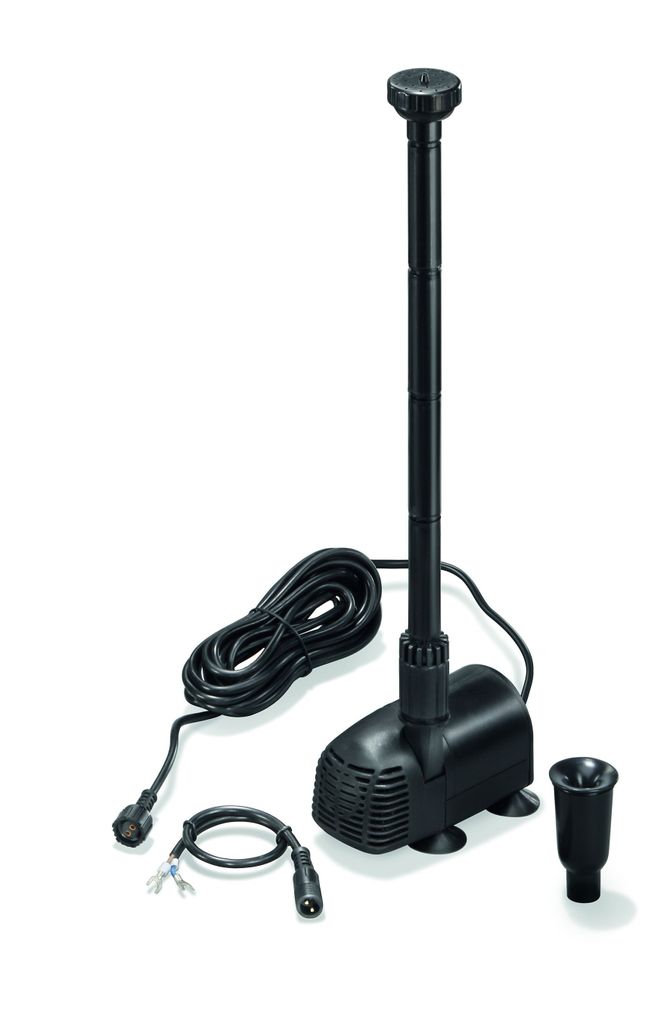 A black water pump with a telescopic extension tube and a sprinkler attachment, shown on a white background.