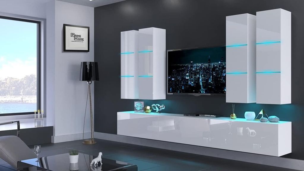 Furnitech Wohnwand Wohnzimmer - Wohnzimmer Möbel mit LED Weiß - Hängend Wohnwand Modern - Regale und TV Schrank (Future Malaga AN40-18HG-W2 1B -...