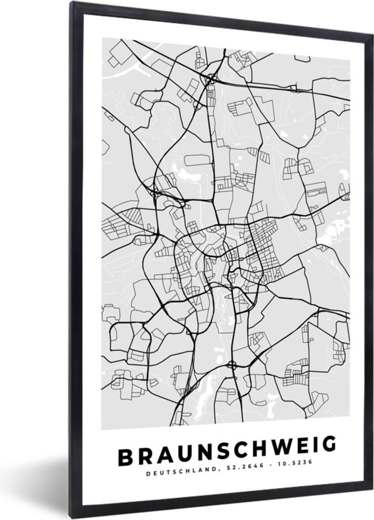 MuchoWow Gerahmtes Poster Deutschland - Stadtplan - Karte - Braunschweig 20x30 cm - Poster mit Schwarzem Bilderrahmen Wandposter Rahmen Foto Bild...
