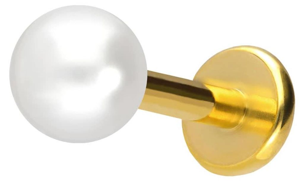 Ohrpiercing, Nasenpiercing Titan Labret mit Push Fit SYNTHETISCHE PERLE Gold Stablänge: 8mm | Stabstärke: 1,2mm | Perlengröße: 4mm