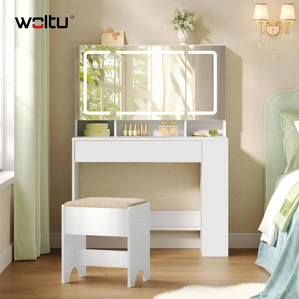 WOLTU Schminktisch mit Beleuchtung Spiegel LED, Schminktisch mit Schublade, Ablage hinter dem Spiegel, weiß, 90 x 40 cm