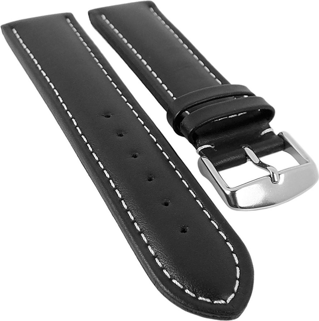 Bio-Leder Uhrenarmband | Kalbsleder, schwarz mit weißer Naht 20540S, Stegbreite:22mm
