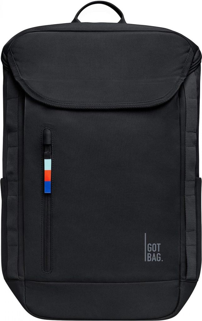 A black backpack is shown from the front against a white background.