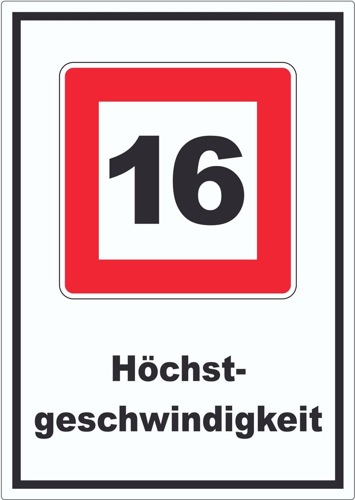 Höchstgeschwindigkeit 16 kmh nicht zu überschreiten Aufkleber mit Symbol und Text A2 (420x594mm)