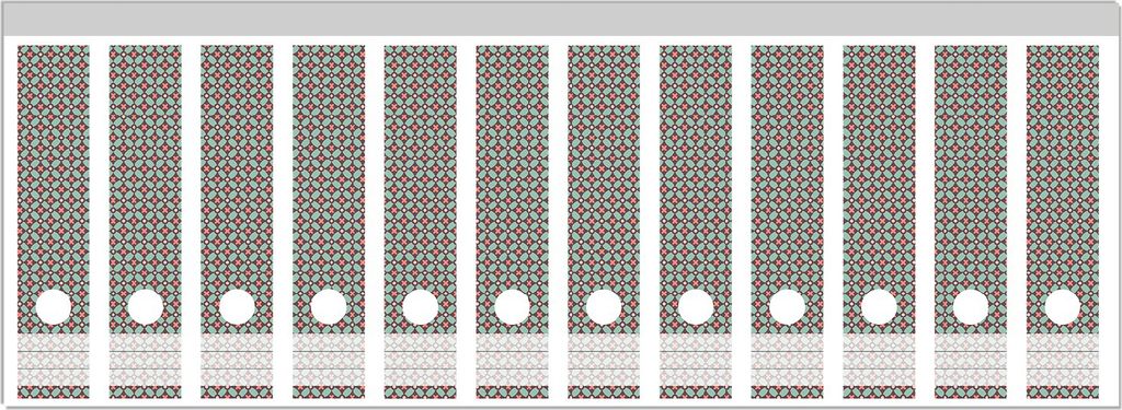 Wallario Ordnerrücken Sticker, selbstklebend für breite Ordner, 12 Stück, Motiv Muster mit Kreuzen, Kreisen und Vierecken, in rot, braun und grün