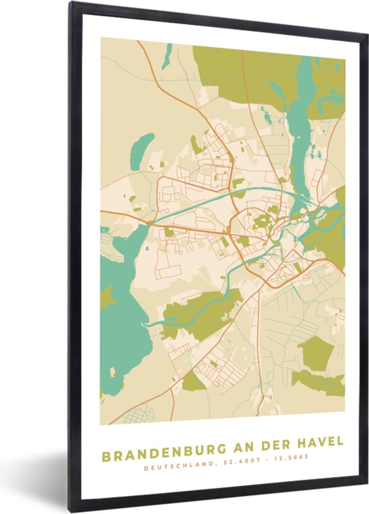 MuchoWow Gerahmtes Poster Karte - Brandenburg an der Havel - Stadtplan - Vintage 20x30 cm - Poster mit Schwarzem Bilderrahmen Wandposter Rahmen F...