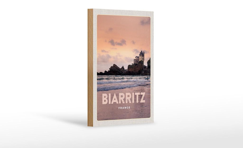 Holzschild Reise 12x18cm Biarritz France Felsenschloss Meer