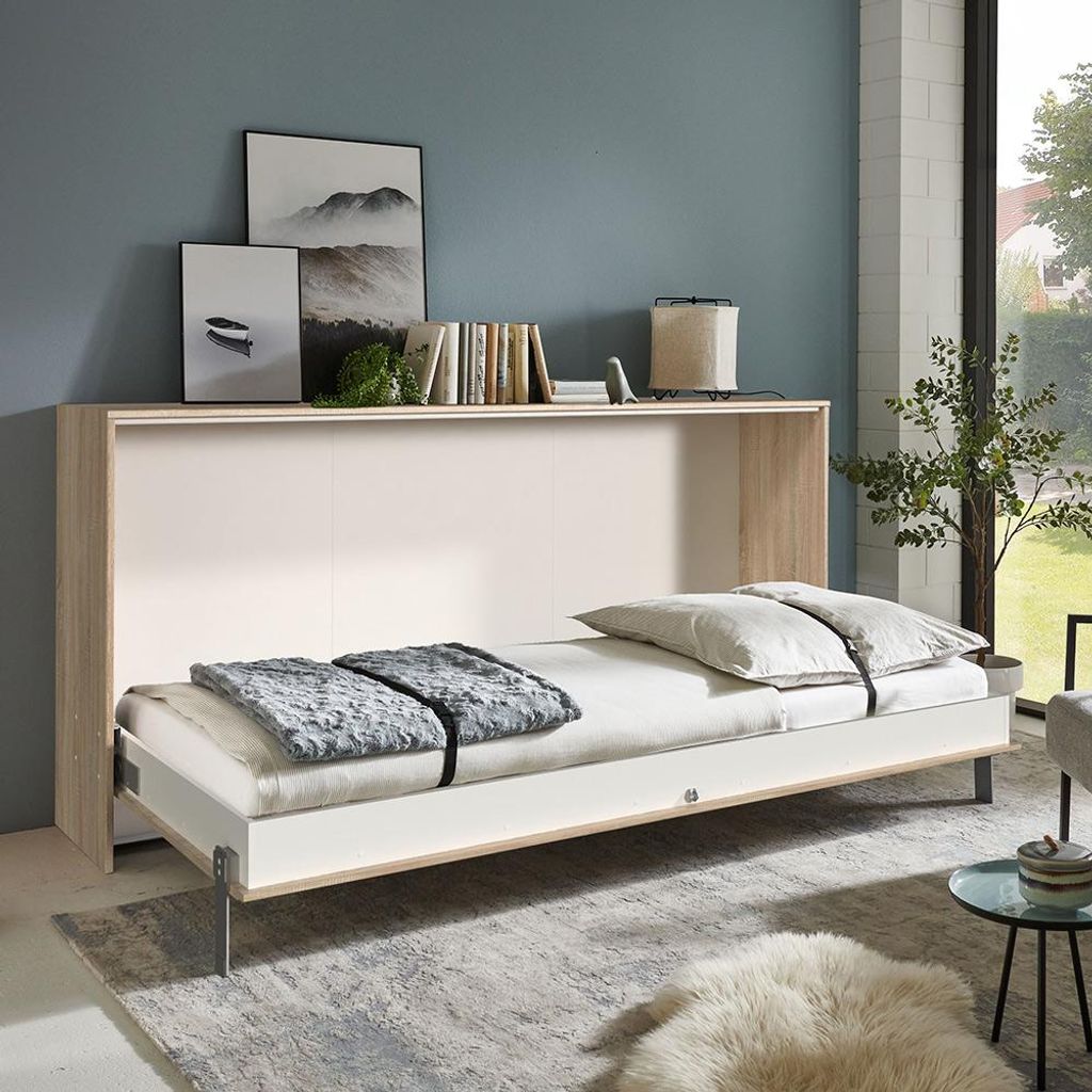 Schrankbett 90x200 cm horizontal Jugendbett Gästebett Klappbett Eiche JOKSI-43, B/H/T 212/105/43 cm