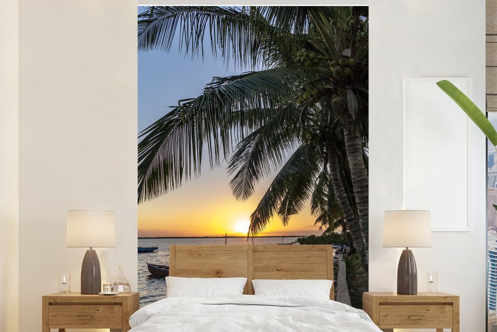 MuchoWow Fototapete für Wohnzimmer oder Schlafzimmer Wandtapete Vinyl Motivtapete Sonnenuntergang über dem Fischereihafen in Mosambik - 200x300...