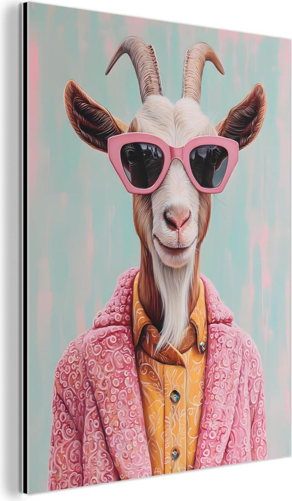MuchoWow Wanddekoration Metall Metallbild Wandkunst 30x40 cm Sonnenbrille - Rosa - Ziege - Anhören MuchoWow Aluminium Gemälde - Bilder