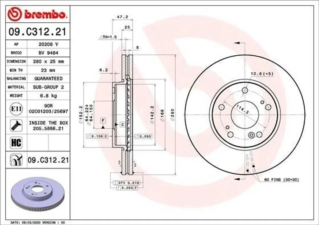 Disque de Frein BREMBO 09.C312.21 pour Civic X - Qualité OE 45251TGLE00