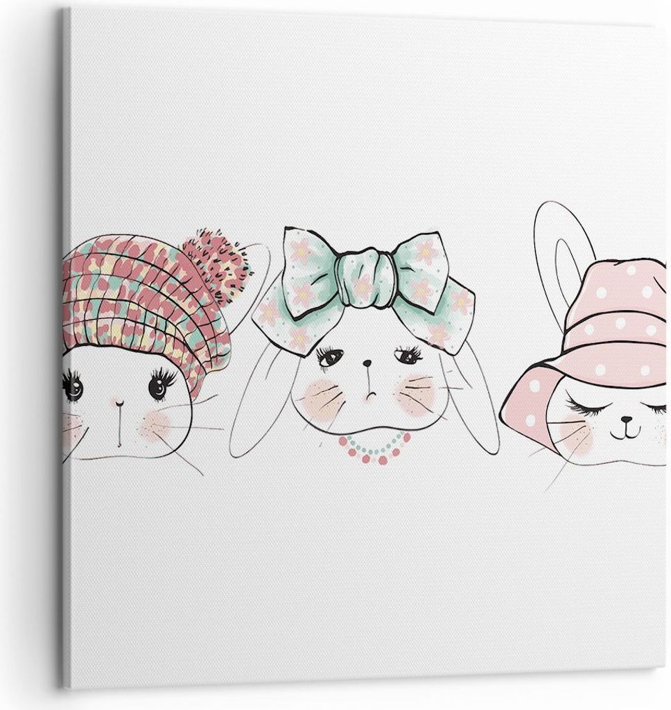 Bild auf Leinwand - Leinwandbild - Bunnys Hüte Illustration Kinder - 60x60cm - Wand Bild - Wanddeko - Leinwanddruck - Bilder - Kunstdruck - Wandde...