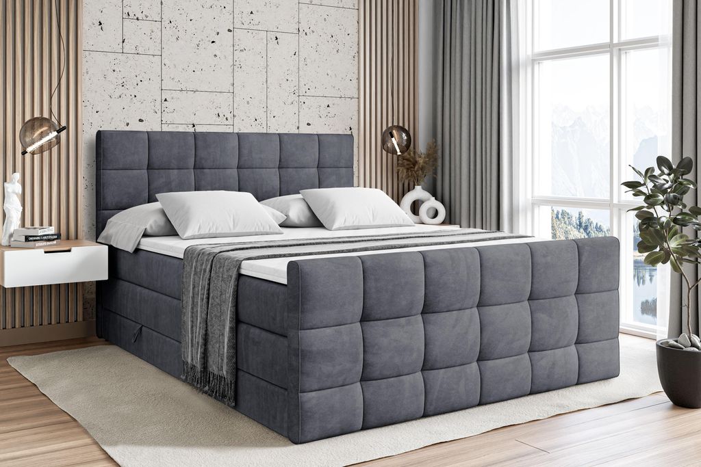 ALTDECOR Boxspringbett mit Matratze und Lattenrost - APO -Z KING - 120x200 cm - Dunkelgrau Samt - Topper, Fußteil, Polsterbett mit Bettkasten, Bet...