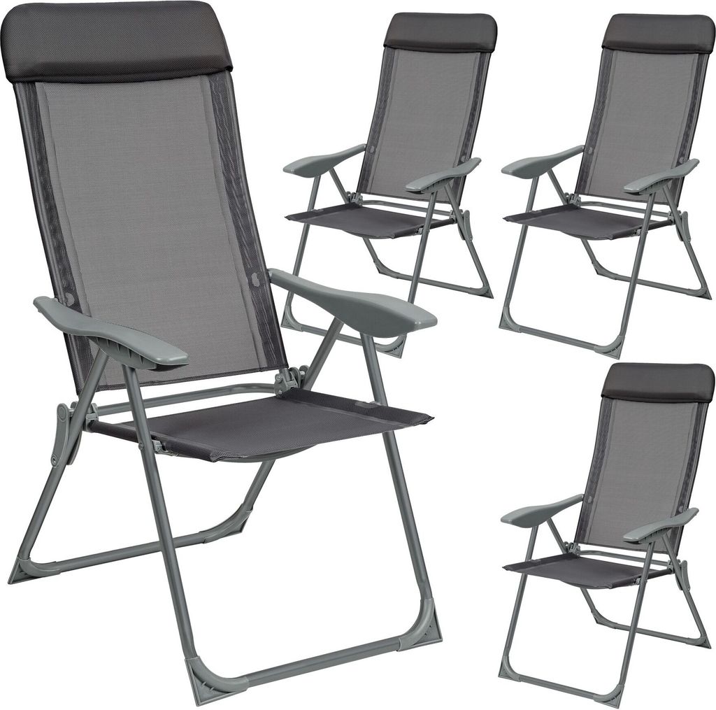 Four dark gray folding garden chairs are arranged on a white background.