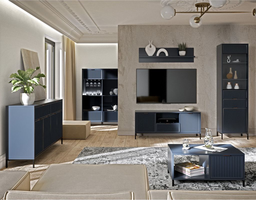 Wohnwand Indigo blau LAURO-161 modern mit Rillenoptik 6-teilig