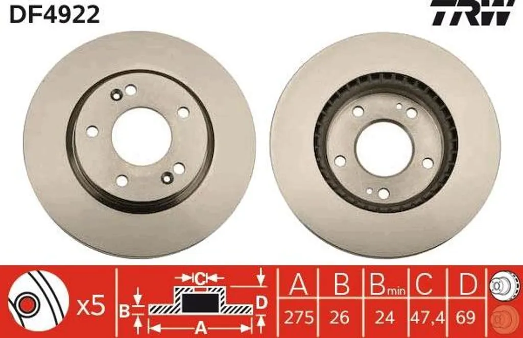 Disque de frein avant ventilé pour Hyundai Elantra TRW DF4922 origine