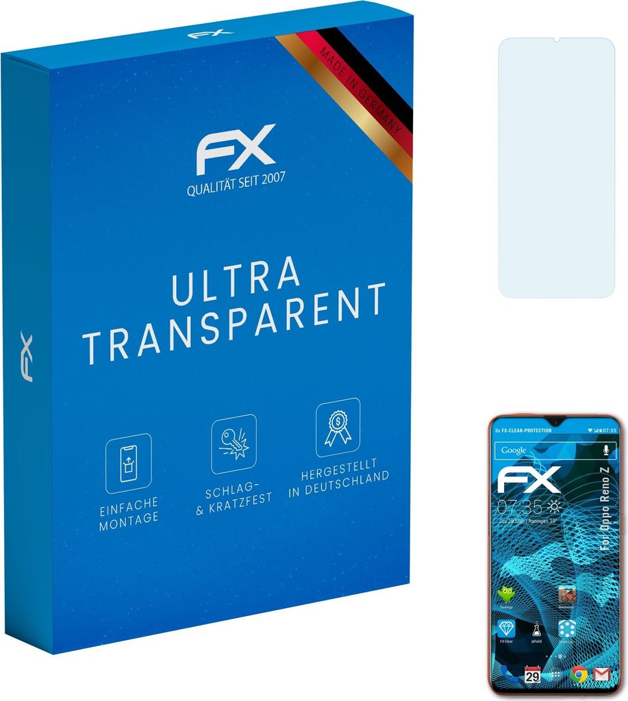 atFoliX FX-Clear 3x Schutzfolie kompatibel mit Oppo Reno Z Displayschutzfolie