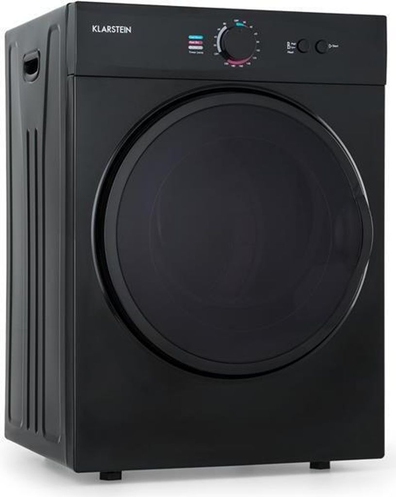 A black Klarstein dryer is shown from a front-left diagonal angle against a white background.