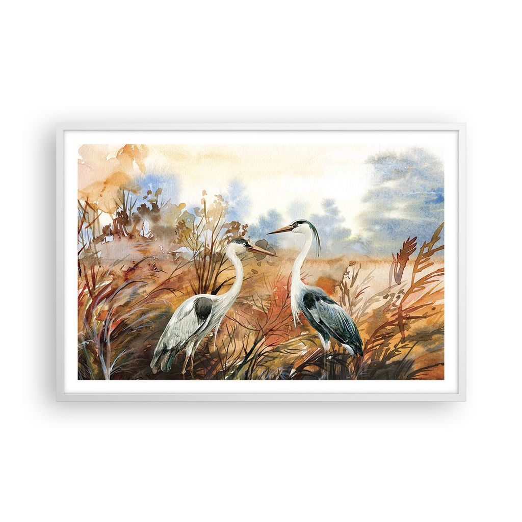 Gerahmtes Poster - Weißer Rahmen - Kraniche Vögel Herbst - 91,5x61 cm - Wand Bild - Wanddeko - Wandbilder - Kunstposter - Wandposter - Bilderrahm...