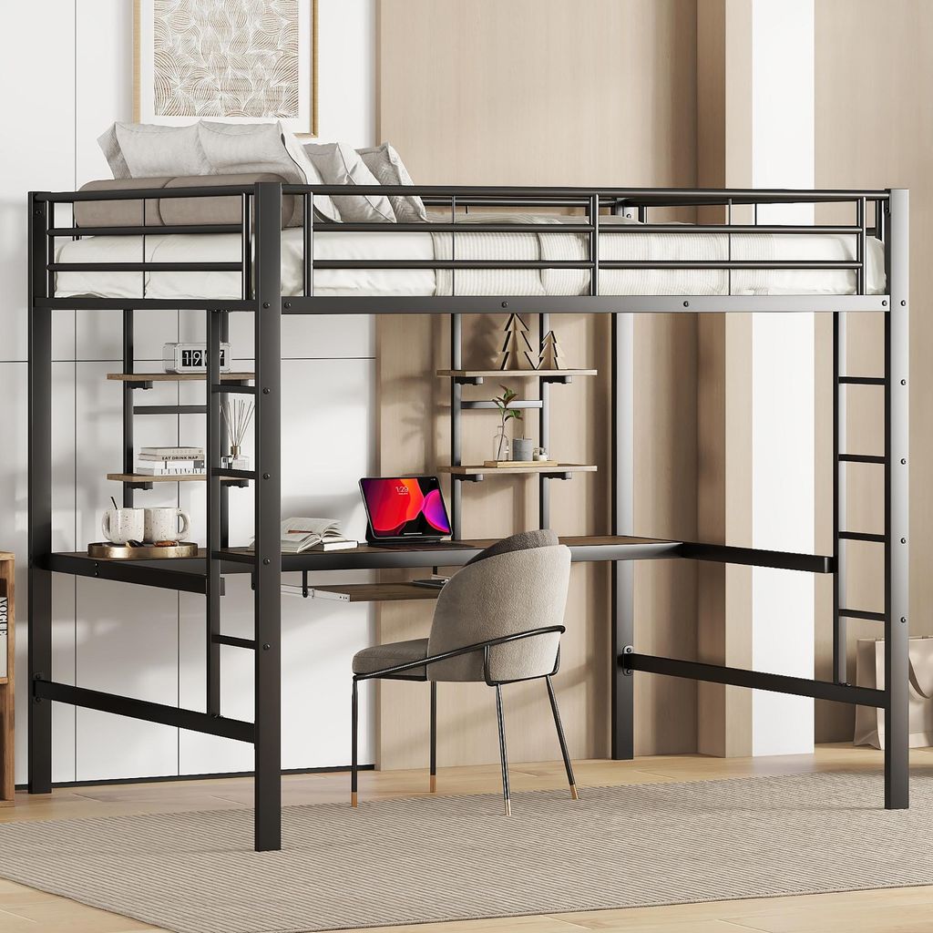 MODFU Hochbett 140x200cm mit Rausfallschutz, Schreibtisch und zwei Bücherregalen, Metallbett Eisenbett Bettgestell für Kinder, Jugendliche und Er...
